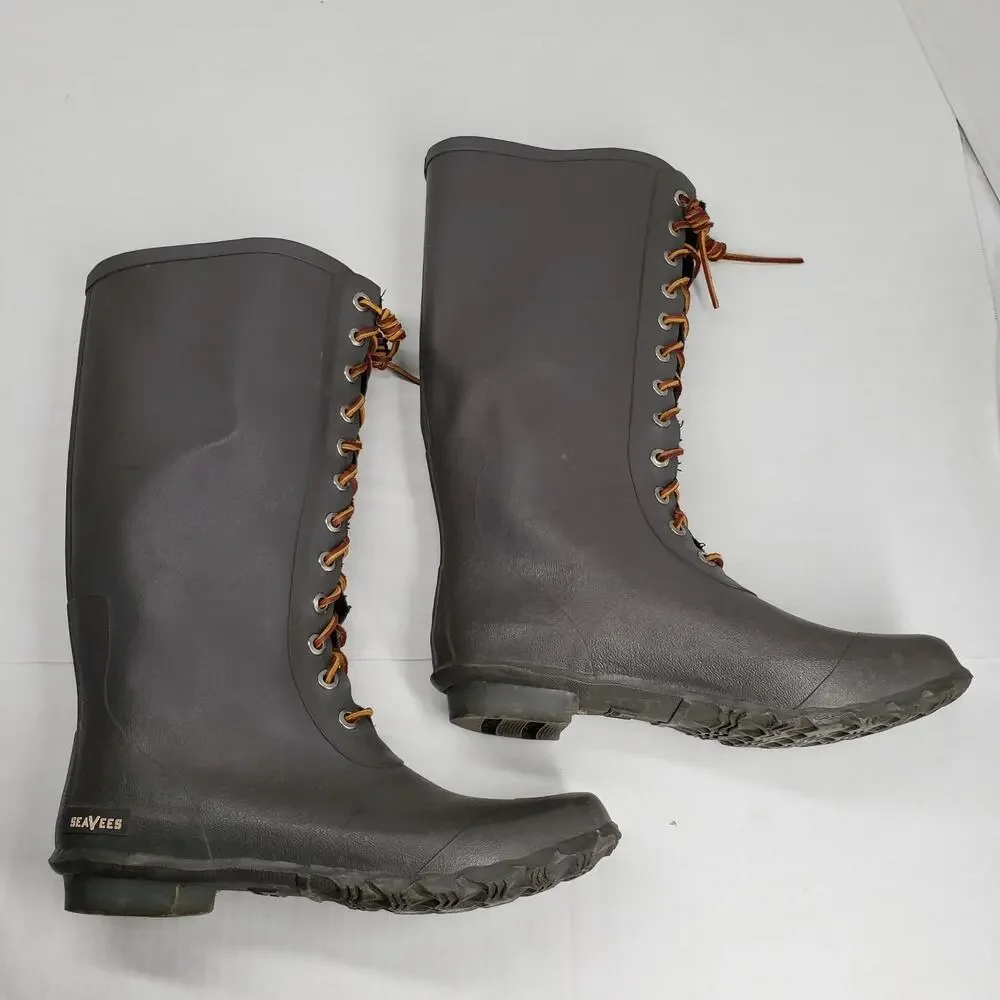 SeaVees Off Shore Tall Rubber Rain Boots Mens 10 Gray Winter Fisherman Flannel